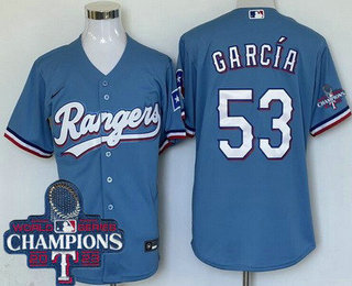 Men's Texas Rangers #53 Adolis Garcia Light Blue Team Logo 2023 World Series Champions Cool Base Jersey