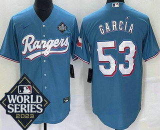 Men's Texas Rangers #53 Adolis Garcia Light Blue Team Logo 2023 World Series Cool Base Jersey