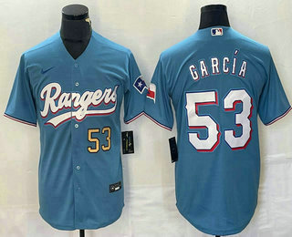 Men's Texas Rangers #53 Adolis Garcia Number Light Blue Team Logo Cool Base Jersey 01