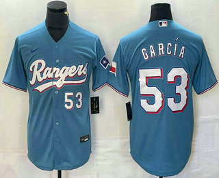 Men's Texas Rangers #53 Adolis Garcia Number Light Blue Team Logo Cool Base Jersey 02