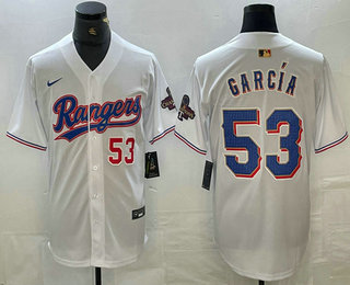 Men's Texas Rangers #53 Adolis Garcia Number White 2023 World Series Champions Cool Base Jersey 12