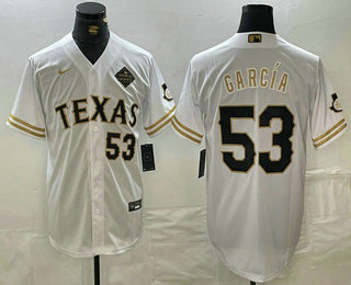 Men's Texas Rangers #53 Adolis Garcia Number White Gold Cool Base Stitched Baseball Jersey