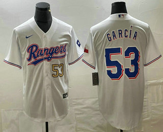 Men's Texas Rangers #53 Adolis Garcia Number White Team Logo Cool Base Jersey 01