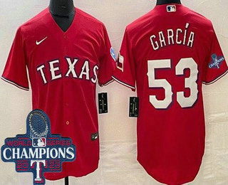 Men's Texas Rangers #53 Adolis Garcia Red Team Logo 2023 World Series Champions Cool Base Jersey