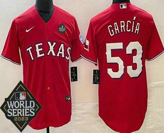 Men's Texas Rangers #53 Adolis Garcia Red Team Logo 2023 World Series Cool Base Jersey