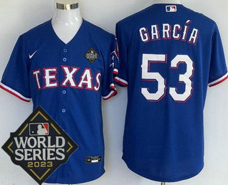 Men's Texas Rangers #53 Adolis Garcia Royal Team Logo 2023 World Series Cool Base Jersey