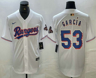 Men's Texas Rangers #53 Adolis Garcia White 2023 World Series Champions Cool Base Jersey 11