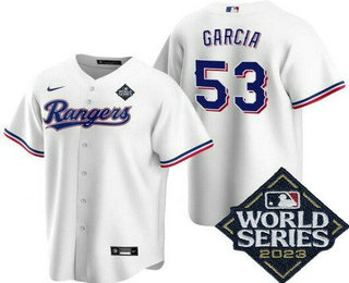 Men's Texas Rangers #53 Adolis Garcia White 2023 World Series Cool Base Jersey