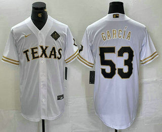 Men's Texas Rangers #53 Adolis Garcia White Gold Cool Base Stitched Baseball Jersey