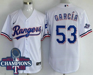 Men's Texas Rangers #53 Adolis Garcia White Team Logo 2023 World Series Champions Cool Base Jersey