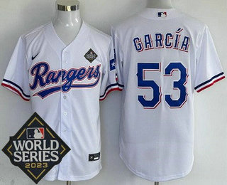 Men's Texas Rangers #53 Adolis Garcia White Team Logo 2023 World Series Cool Base Jersey