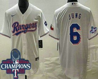 Men's Texas Rangers #6 Josh Jung White Team Logo 2023 World Series Champions Cool Base Jersey