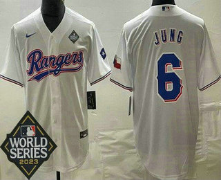 Men's Texas Rangers #6 Josh Jung White Team Logo 2023 World Series Cool Base Jersey