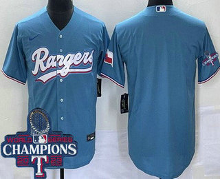 Men's Texas Rangers Blank Lgith Blue Team Logo 2023 World Series Champions Cool Base Jersey