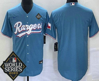 Men's Texas Rangers Blank Lgith Blue Team Logo 2023 World Series Cool Base Jersey