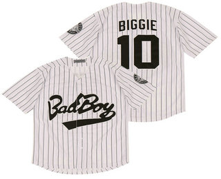 Men's The Movie Bad Boy #10 Biggie White Pinstripe Baseball Film Jersey Stiched Buttons Short Sleeve Jersey