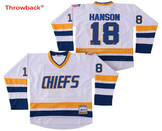 Men's The Movie Hanson Brothers Charlestown Chiefs #18 Jeff Hanson White Home Stitched Hockey Jersey