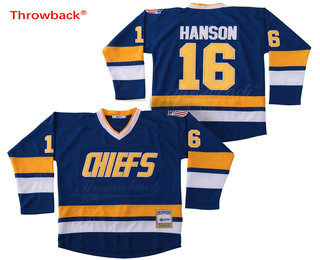 Men's The Movie Slap Shot Charlestown Chiefs #16 Jack Hanson Blue Away Stitched Film Ice Hockey Jersey