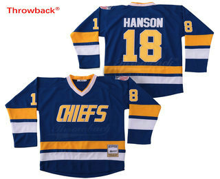 Men's The Movie Slap Shot Charlestown Chiefs #18 Jeff Hanson Blue Away Stitched Film Ice Hockey Jersey