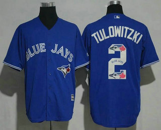 Men's Toronto Blue Jays #2 Troy Tulowitzki Royal Blue Team Logo Ornamented Stitched MLB Majestic Cool Base Jersey