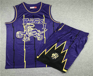 Men's Toronto Raptors #1 Tracy McGrady 1998-99 Purple Hardwood Classics Soul Swingman Throwback Jersey With Shorts