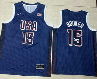 Men's USA #15 Devin Booker Navy Blue 2024 Olympics Stitched Jersey