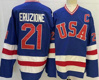 Men's USA #21 Mike Eruzione Blue 1980 Olympics Stitched Jersey