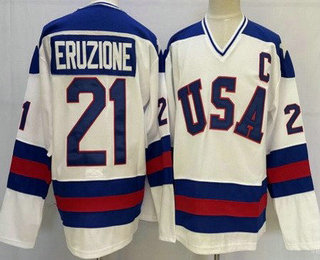 Men's USA #21 Mike Eruzione White 1980 Olympics Stitched Jersey