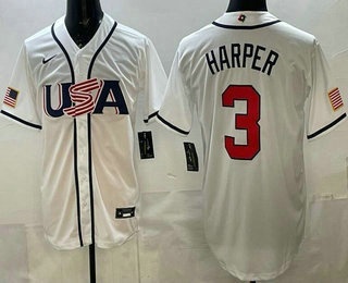 Men's USA #3 Bryce Harper White 2026 World Baseball Classic Cool Base Jersey