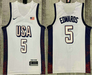 Men's USA #5 Anthony Edwards White 2024 Olympics Stitched Jersey