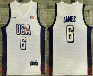 Men's USA #6 LeBron James White 2024 Olympics Stitched Jersey