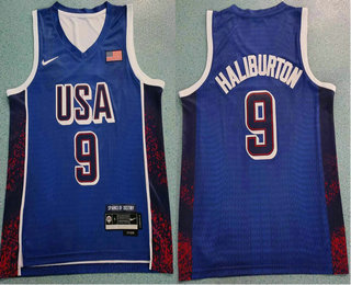 Men's USA #9 Tyrese Haliburton Navy Blue 2024 Olympics Stitched Jersey