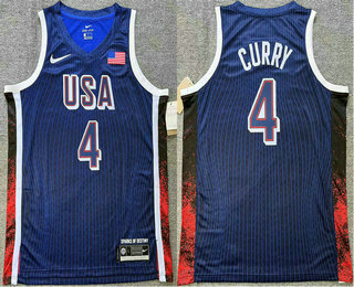 Men's USA Basketball #4 Stephen Curry Blue 2024 Swingman Heat Press Jersey