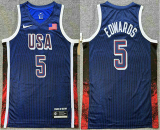 Men's USA Basketball #5 Anthony Edwards Blue 2024 Swingman Heat Press Jersey