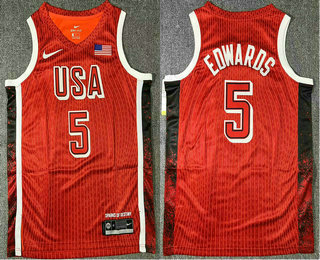 Men's USA Basketball #5 Anthony Edwards Red 2024 Swingman Heat Press Jersey