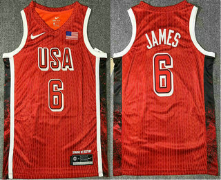 Men's USA Basketball #6 LeBron James Red 2024 Swingman Heat Press Jersey