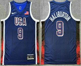 Men's USA Basketball #9 Tyrese Haliburton Blue 2024 Swingman Heat Press Jersey