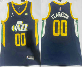 Men's Utah Jazz #00 Jordan Clarkson Navy Blue With 6 Patch Stitched Jersey With Sponsor
