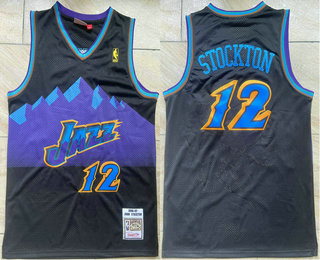 Men's Utah Jazz #12 John Stockton Mountain Black 1996-97 Hardwood Classics Soul Swingman Throwback Jersey