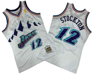 Men's Utah Jazz #12 John Stockton Mountain White 1996-97 Hardwood Classics Soul Swingman Throwback Jersey