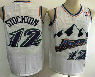 Men's Utah Jazz #12 John Stockton Mountain White 1996-97 Hardwood Classics Soul Swingman Throwback Jersey