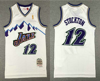 Men's Utah Jazz #12 John Stockton Mountain White 1996-97 Hardwood Classics Soul Swingman Throwback Jersey