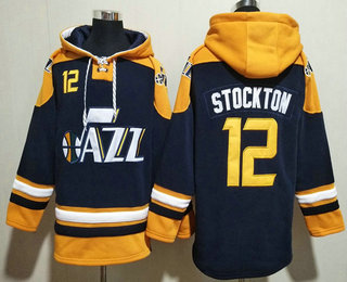 Men's Utah Jazz #12 John Stockton Navy Yellow Lace Up Pullover Hoodie