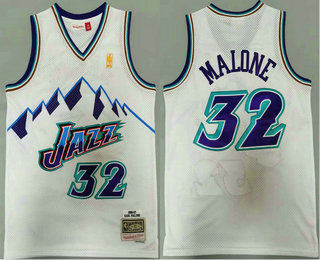 Men's Utah Jazz #32 Karl Malone Mountain White Gold NBA 1996-97 Hardwood Classics Soul Swingman Throwback Jersey