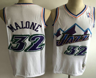 Men's Utah Jazz #32 Karl Malone Mountain White Hardwood Classics Soul Swingman Throwback Jersey