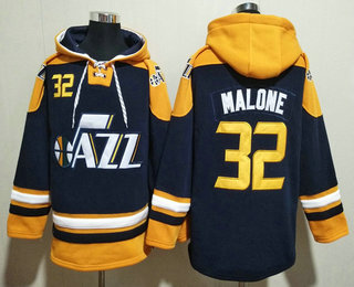 Men's Utah Jazz #32 Karl Malone Navy Yellow Lace Up Pullover Hoodie