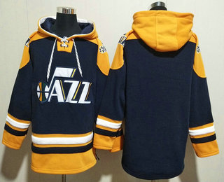 Men's Utah Jazz Blank Navy Yellow Lace Up Pullover Hoodie