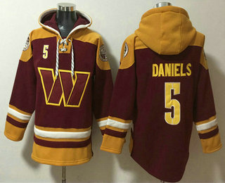 Men's Washington Commanders #5 Jayden Daniels Burgundy Ageless Must Have Lace Up Pullover Hoodie