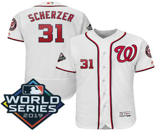 Men's Washington Nationals #31 Max Scherzer White 2019 World Series Flex Base Jersey