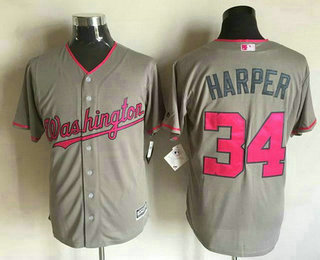 Men's Washington Nationals #34 Bryce Harper Gray With Pink 2016 Mother's Day Baseball Cool Base Jersey